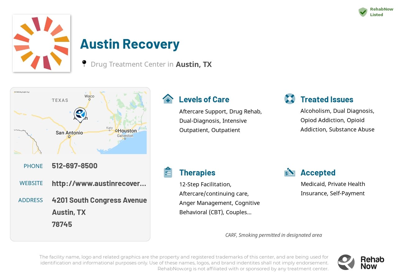 Helpful reference information for Austin Recovery, a drug treatment center in Texas located at: 4201 South Congress Avenue, Austin, TX, 78745, including phone numbers, official website, and more. Listed briefly is an overview of Levels of Care, Therapies Offered, Issues Treated, and accepted forms of Payment Methods.