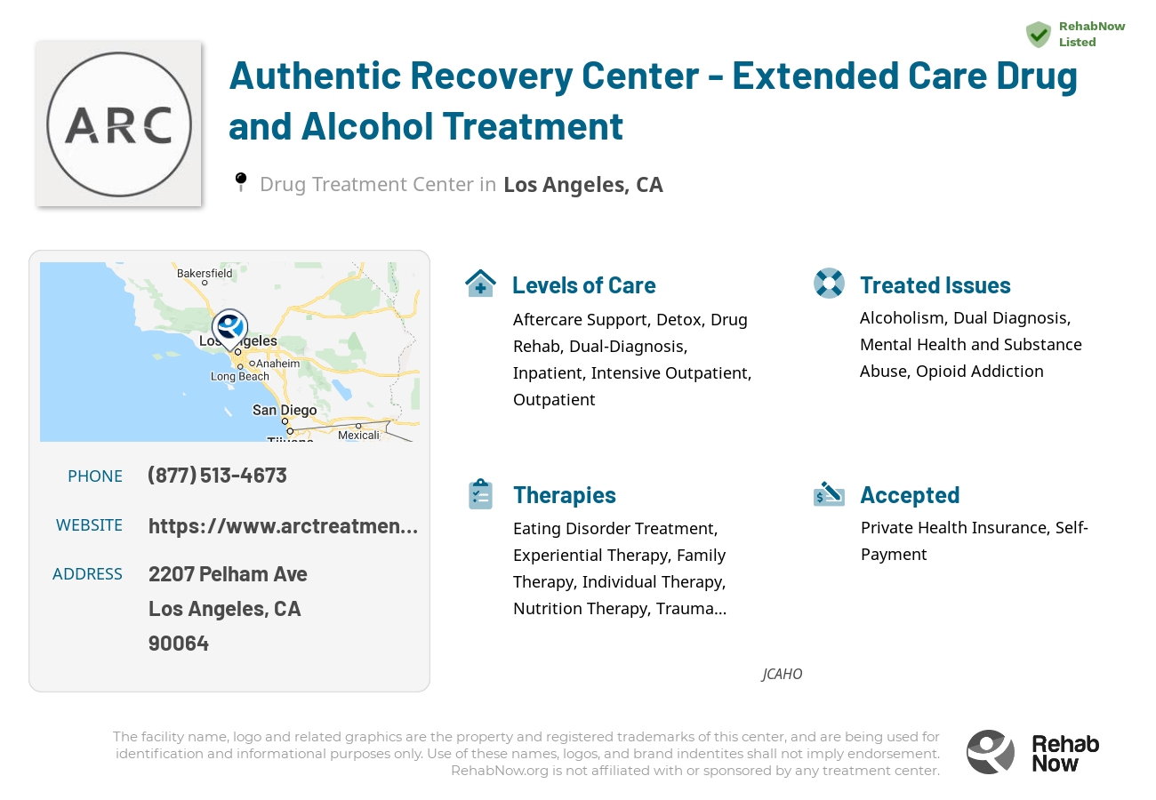 Helpful reference information for Authentic Recovery Center - Extended Care Drug and Alcohol Treatment, a drug treatment center in California located at: 2207 Pelham Ave, Los Angeles, CA 90064, including phone numbers, official website, and more. Listed briefly is an overview of Levels of Care, Therapies Offered, Issues Treated, and accepted forms of Payment Methods.