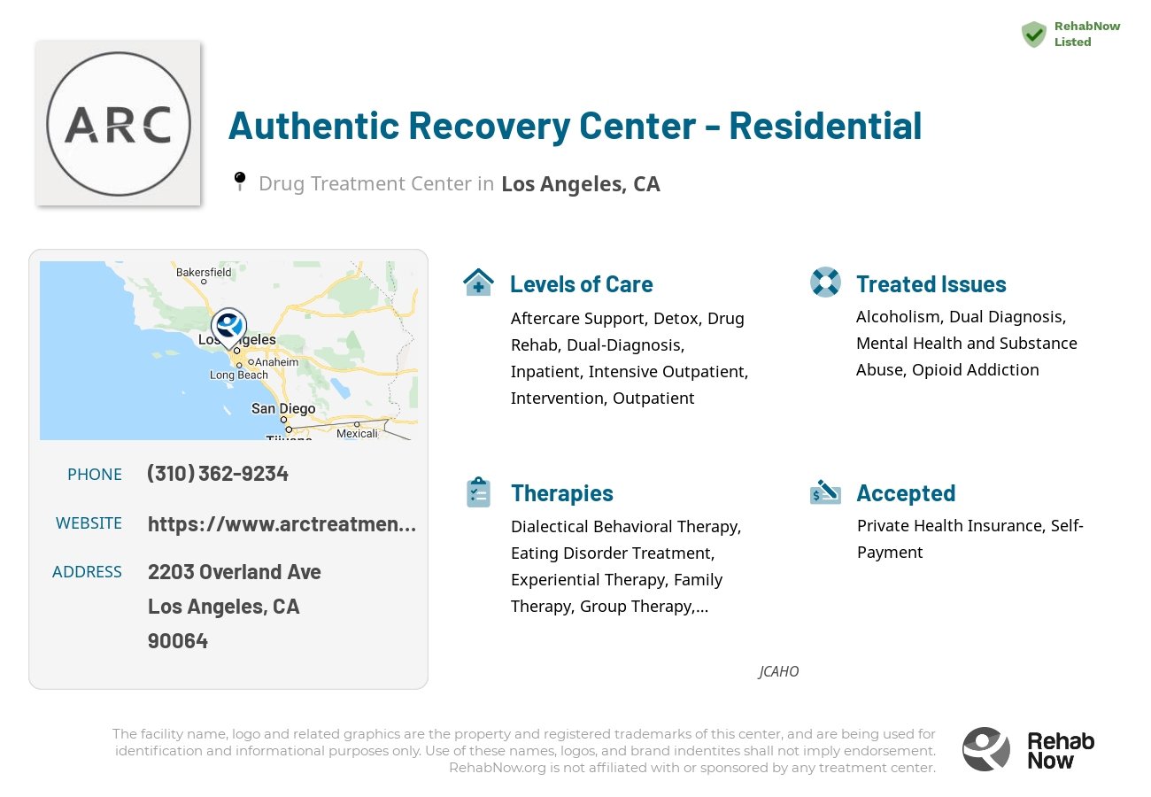 Helpful reference information for Authentic Recovery Center - Residential, a drug treatment center in California located at: 2203 Overland Ave, Los Angeles, CA 90064, including phone numbers, official website, and more. Listed briefly is an overview of Levels of Care, Therapies Offered, Issues Treated, and accepted forms of Payment Methods.