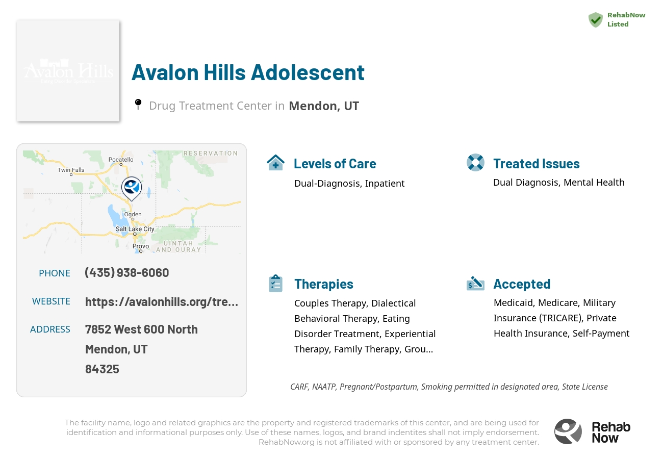 Helpful reference information for Avalon Hills Adolescent, a drug treatment center in Utah located at: 7852 7852 West 600 North, Mendon, UT 84325, including phone numbers, official website, and more. Listed briefly is an overview of Levels of Care, Therapies Offered, Issues Treated, and accepted forms of Payment Methods.