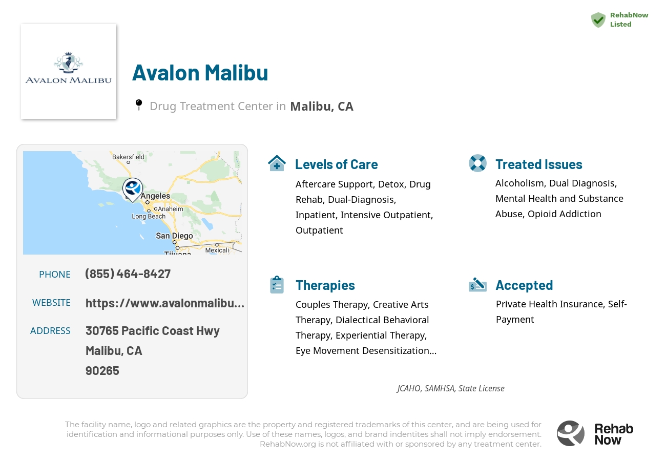 Helpful reference information for Avalon Malibu, a drug treatment center in California located at: 30765 Pacific Coast Hwy, Malibu, CA 90265, including phone numbers, official website, and more. Listed briefly is an overview of Levels of Care, Therapies Offered, Issues Treated, and accepted forms of Payment Methods.