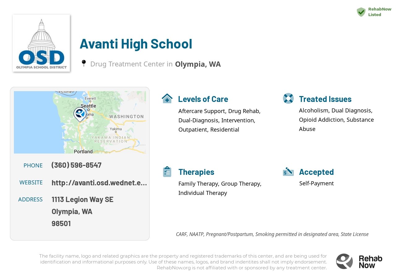 Helpful reference information for Avanti High School, a drug treatment center in Washington located at: 1113 Legion Way SE, Olympia, WA 98501, including phone numbers, official website, and more. Listed briefly is an overview of Levels of Care, Therapies Offered, Issues Treated, and accepted forms of Payment Methods.