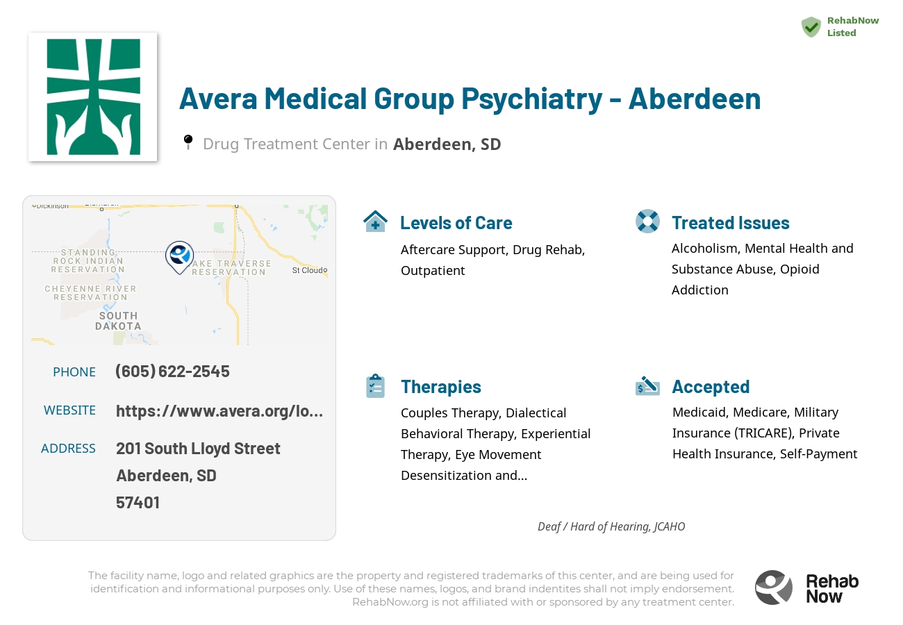 Helpful reference information for Avera Medical Group Psychiatry - Aberdeen, a drug treatment center in South Dakota located at: 201 201 South Lloyd Street, Aberdeen, SD 57401, including phone numbers, official website, and more. Listed briefly is an overview of Levels of Care, Therapies Offered, Issues Treated, and accepted forms of Payment Methods.