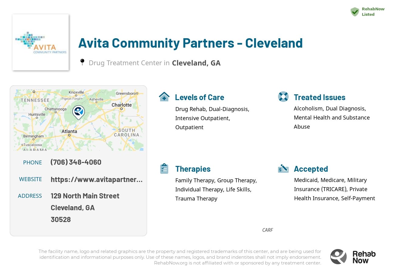 Helpful reference information for Avita Community Partners - Cleveland, a drug treatment center in Georgia located at: 129 129 North Main Street, Cleveland, GA 30528, including phone numbers, official website, and more. Listed briefly is an overview of Levels of Care, Therapies Offered, Issues Treated, and accepted forms of Payment Methods.