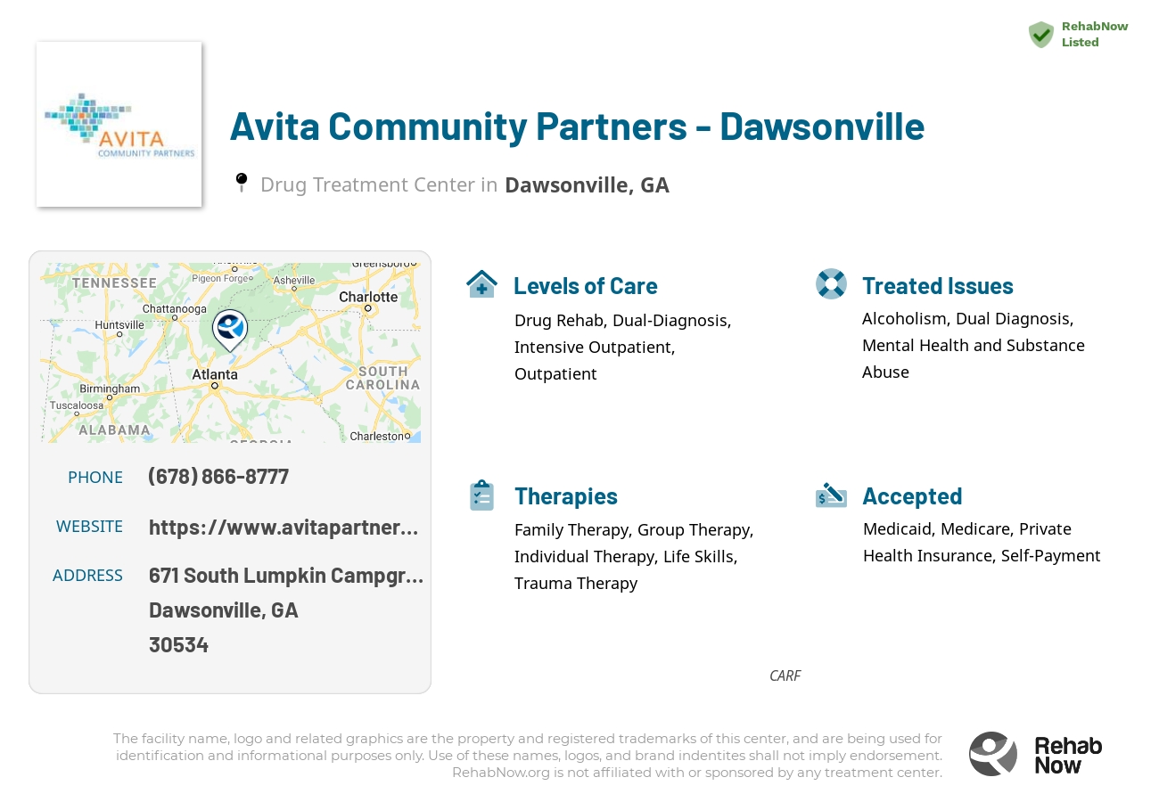 Helpful reference information for Avita Community Partners - Dawsonville, a drug treatment center in Georgia located at: 671 671 South Lumpkin Campground Road, Dawsonville, GA 30534, including phone numbers, official website, and more. Listed briefly is an overview of Levels of Care, Therapies Offered, Issues Treated, and accepted forms of Payment Methods.