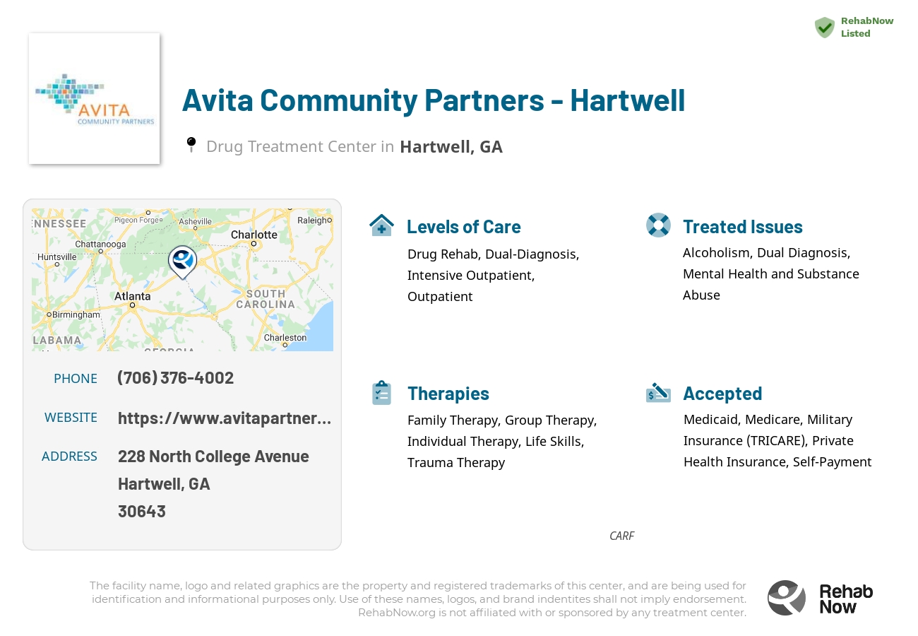 Helpful reference information for Avita Community Partners - Hartwell, a drug treatment center in Georgia located at: 228 228 North College Avenue, Hartwell, GA 30643, including phone numbers, official website, and more. Listed briefly is an overview of Levels of Care, Therapies Offered, Issues Treated, and accepted forms of Payment Methods.