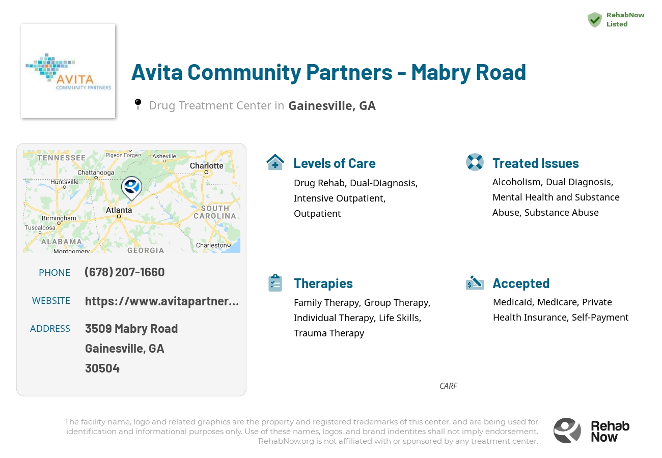 Helpful reference information for Avita Community Partners - Mabry Road, a drug treatment center in Georgia located at: 3509 3509 Mabry Road, Gainesville, GA 30504, including phone numbers, official website, and more. Listed briefly is an overview of Levels of Care, Therapies Offered, Issues Treated, and accepted forms of Payment Methods.