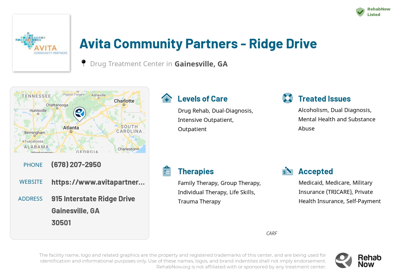 Helpful reference information for Avita Community Partners - Ridge Drive, a drug treatment center in Georgia located at: 915 Interstate Ridge Drive, Gainesville, GA 30501, including phone numbers, official website, and more. Listed briefly is an overview of Levels of Care, Therapies Offered, Issues Treated, and accepted forms of Payment Methods.