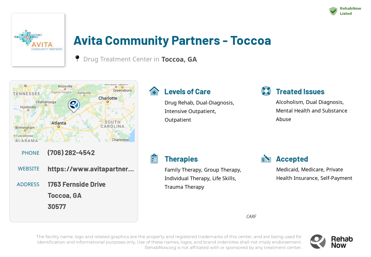 Helpful reference information for Avita Community Partners - Toccoa, a drug treatment center in Georgia located at: 1763 1763 Fernside Drive, Toccoa, GA 30577, including phone numbers, official website, and more. Listed briefly is an overview of Levels of Care, Therapies Offered, Issues Treated, and accepted forms of Payment Methods.