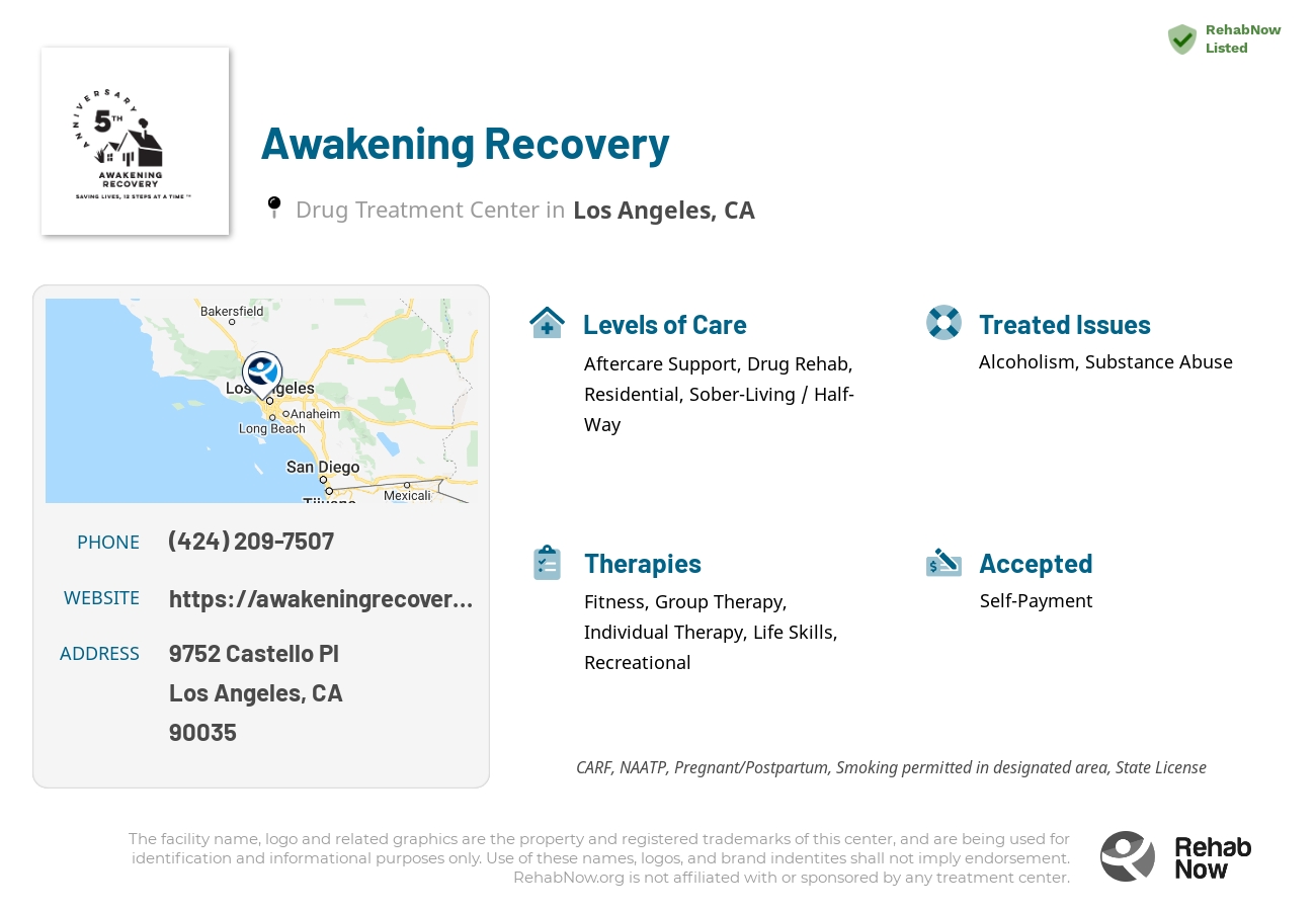Helpful reference information for Awakening Recovery, a drug treatment center in California located at: 9752 Castello Pl, Los Angeles, CA, 90035, including phone numbers, official website, and more. Listed briefly is an overview of Levels of Care, Therapies Offered, Issues Treated, and accepted forms of Payment Methods.