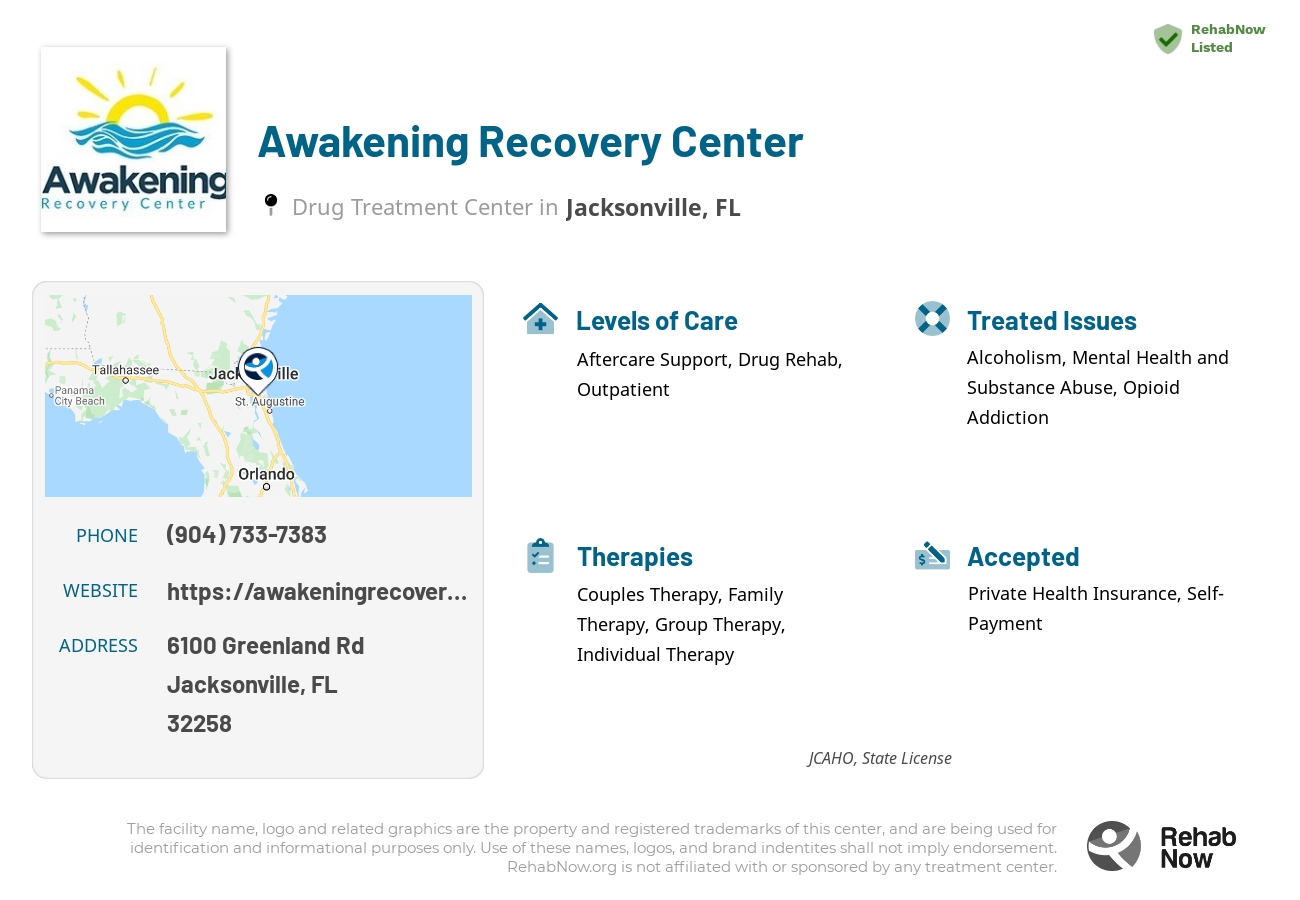 Helpful reference information for Awakening Recovery Center, a drug treatment center in Florida located at: 6100 Greenland Rd, Jacksonville, FL, 32258, including phone numbers, official website, and more. Listed briefly is an overview of Levels of Care, Therapies Offered, Issues Treated, and accepted forms of Payment Methods.