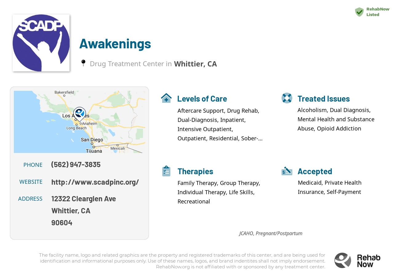Helpful reference information for Awakenings, a drug treatment center in California located at: 12322 Clearglen Ave, Whittier, CA 90604, including phone numbers, official website, and more. Listed briefly is an overview of Levels of Care, Therapies Offered, Issues Treated, and accepted forms of Payment Methods.