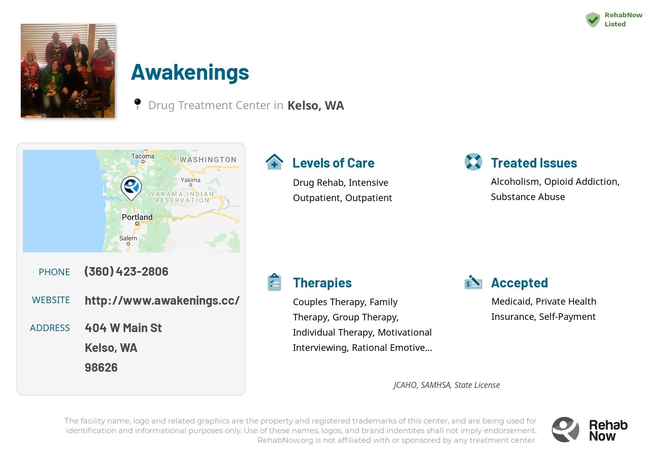 Helpful reference information for Awakenings, a drug treatment center in Washington located at: 404 W Main St, Kelso, WA 98626, including phone numbers, official website, and more. Listed briefly is an overview of Levels of Care, Therapies Offered, Issues Treated, and accepted forms of Payment Methods.