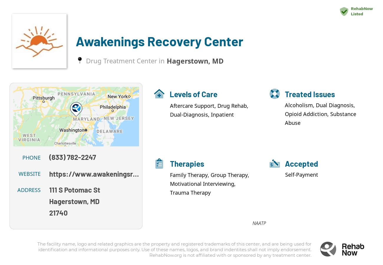 Helpful reference information for Awakenings Recovery Center, a drug treatment center in Maryland located at: 111 S Potomac St, Hagerstown, MD, 21740, including phone numbers, official website, and more. Listed briefly is an overview of Levels of Care, Therapies Offered, Issues Treated, and accepted forms of Payment Methods.