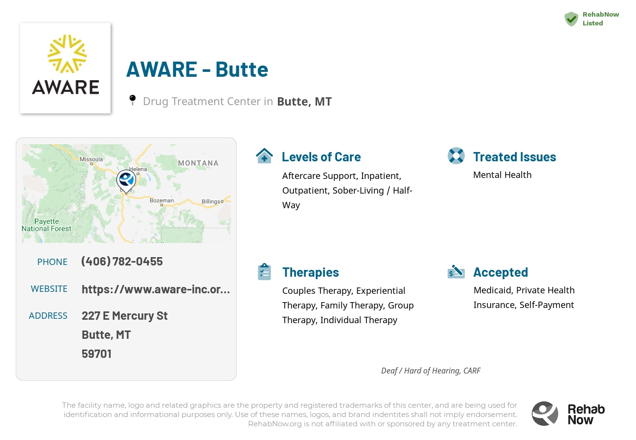 Helpful reference information for AWARE - Butte, a drug treatment center in Montana located at: 227 E Mercury St, Butte, MT 59701, including phone numbers, official website, and more. Listed briefly is an overview of Levels of Care, Therapies Offered, Issues Treated, and accepted forms of Payment Methods.