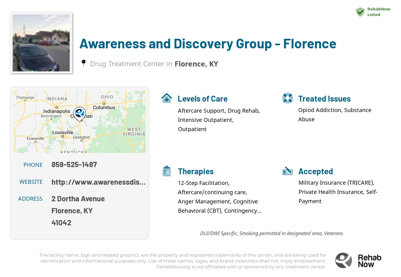 Helpful reference information for Awareness and Discovery Group - Florence, a drug treatment center in Kentucky located at: 2  Dortha Avenue, Florence, KY 41042, including phone numbers, official website, and more. Listed briefly is an overview of Levels of Care, Therapies Offered, Issues Treated, and accepted forms of Payment Methods.