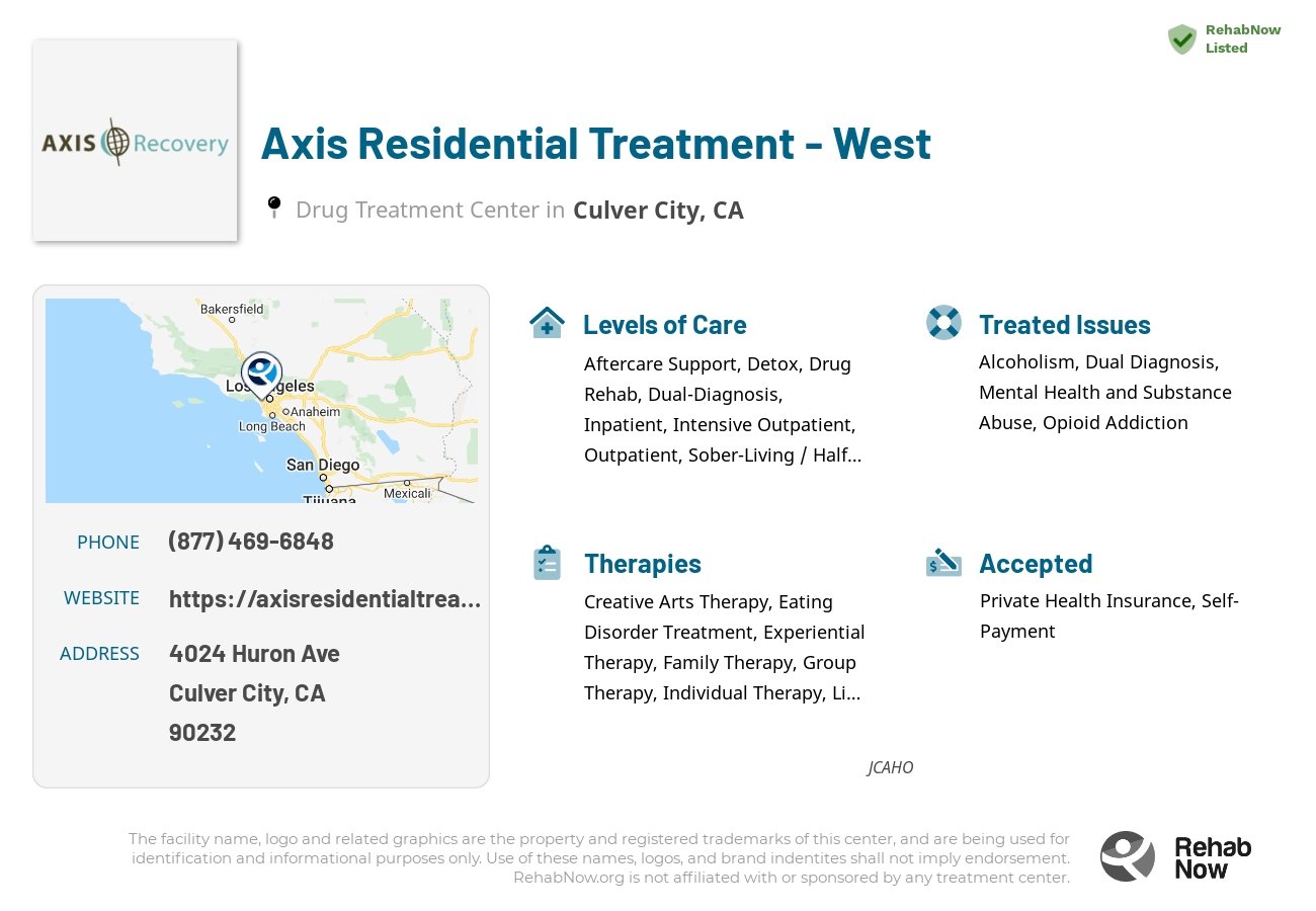 Helpful reference information for Axis Residential Treatment - West, a drug treatment center in California located at: 4024 Huron Ave, Culver City, CA 90232, including phone numbers, official website, and more. Listed briefly is an overview of Levels of Care, Therapies Offered, Issues Treated, and accepted forms of Payment Methods.