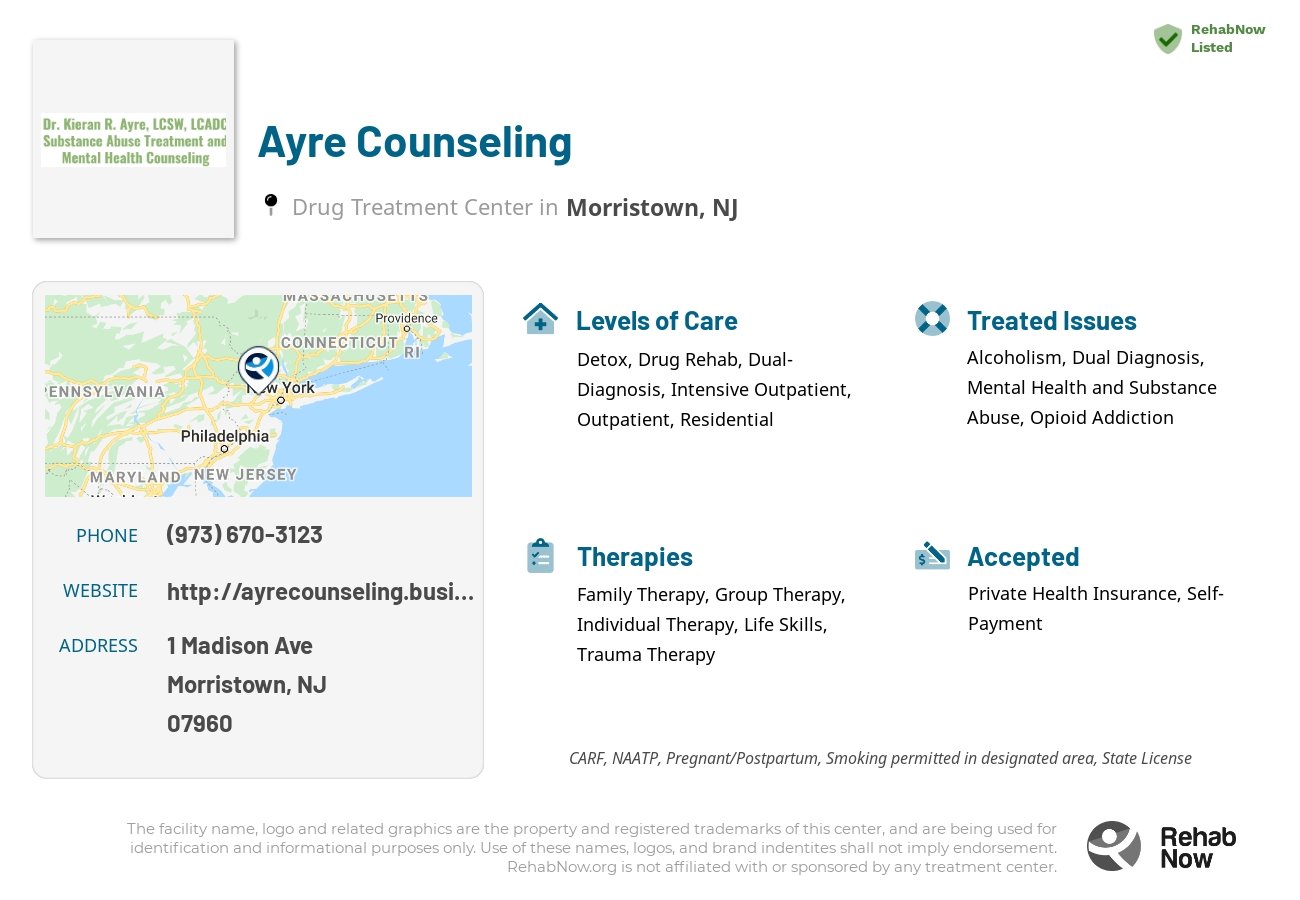 Helpful reference information for Ayre Counseling, a drug treatment center in New Jersey located at: 1 Madison Ave, Morristown, NJ 07960, including phone numbers, official website, and more. Listed briefly is an overview of Levels of Care, Therapies Offered, Issues Treated, and accepted forms of Payment Methods.