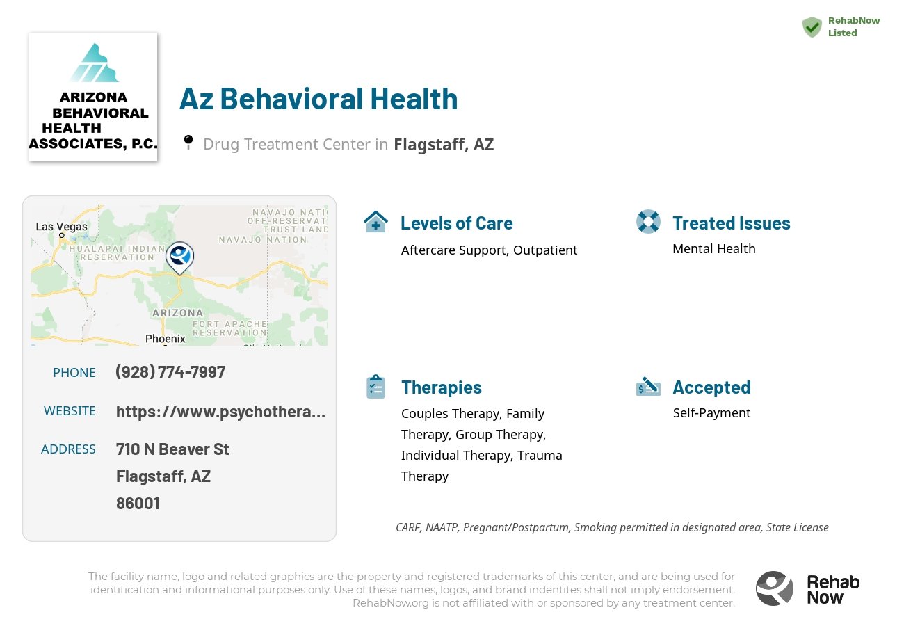Helpful reference information for Az Behavioral Health, a drug treatment center in Arizona located at: 710 N Beaver St, Flagstaff, AZ 86001, including phone numbers, official website, and more. Listed briefly is an overview of Levels of Care, Therapies Offered, Issues Treated, and accepted forms of Payment Methods.