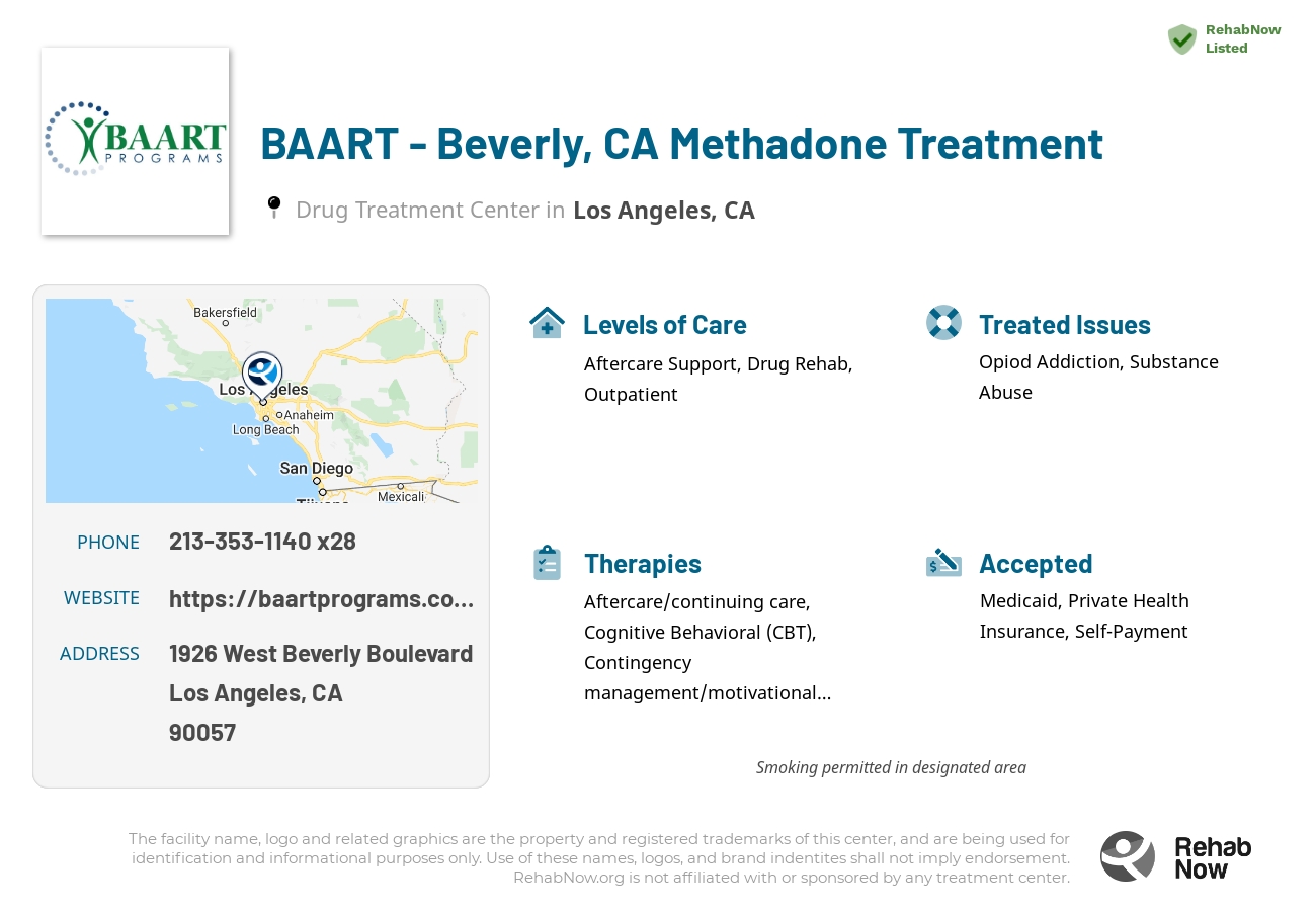 Helpful reference information for BAART - Beverly, CA Methadone Treatment, a drug treatment center in California located at: 1926 West Beverly Boulevard, Los Angeles, CA 90057, including phone numbers, official website, and more. Listed briefly is an overview of Levels of Care, Therapies Offered, Issues Treated, and accepted forms of Payment Methods.