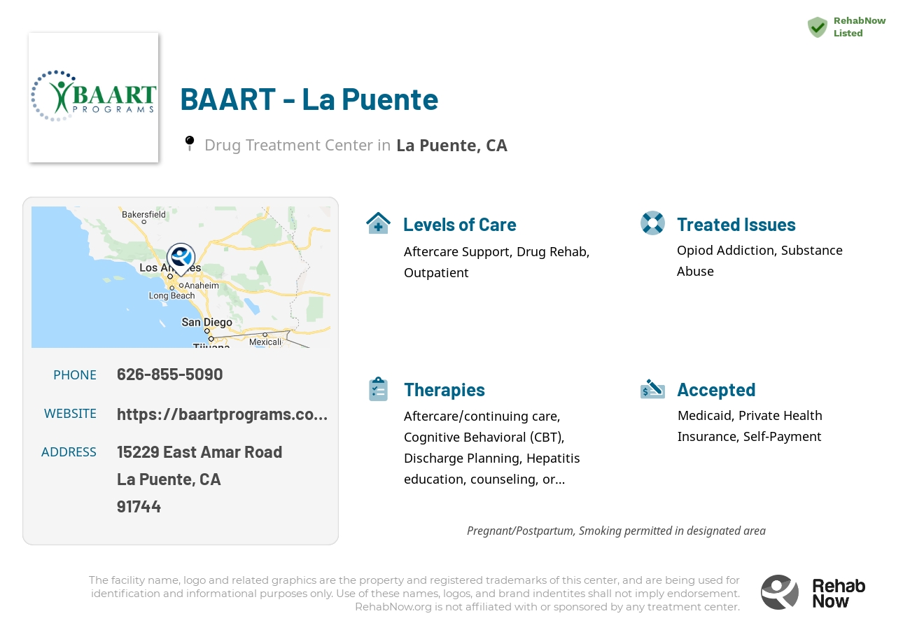 Helpful reference information for BAART - La Puente, a drug treatment center in California located at: 15229 East Amar Road, La Puente, CA 91744, including phone numbers, official website, and more. Listed briefly is an overview of Levels of Care, Therapies Offered, Issues Treated, and accepted forms of Payment Methods.