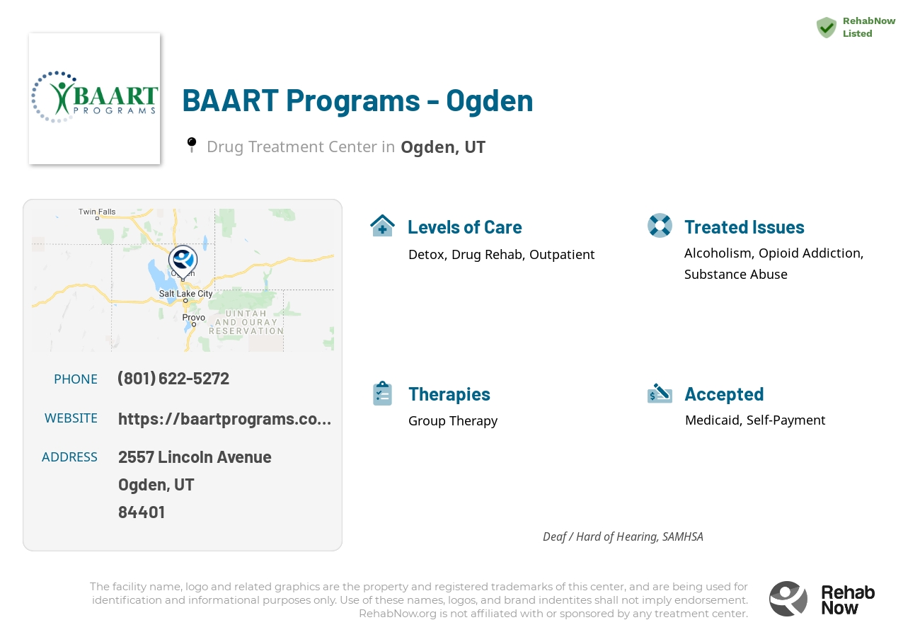 Helpful reference information for BAART Programs - Ogden, a drug treatment center in Utah located at: 2557 2557 Lincoln Avenue, Ogden, UT 84401, including phone numbers, official website, and more. Listed briefly is an overview of Levels of Care, Therapies Offered, Issues Treated, and accepted forms of Payment Methods.