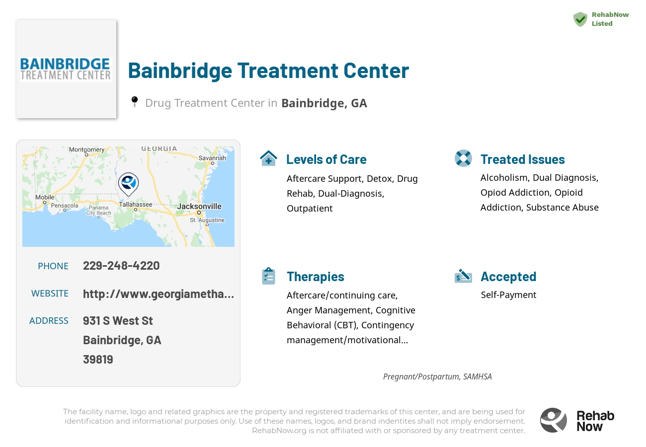 Helpful reference information for Bainbridge Treatment Center, a drug treatment center in Georgia located at: 931 S West St, Bainbridge, GA 39819, including phone numbers, official website, and more. Listed briefly is an overview of Levels of Care, Therapies Offered, Issues Treated, and accepted forms of Payment Methods.