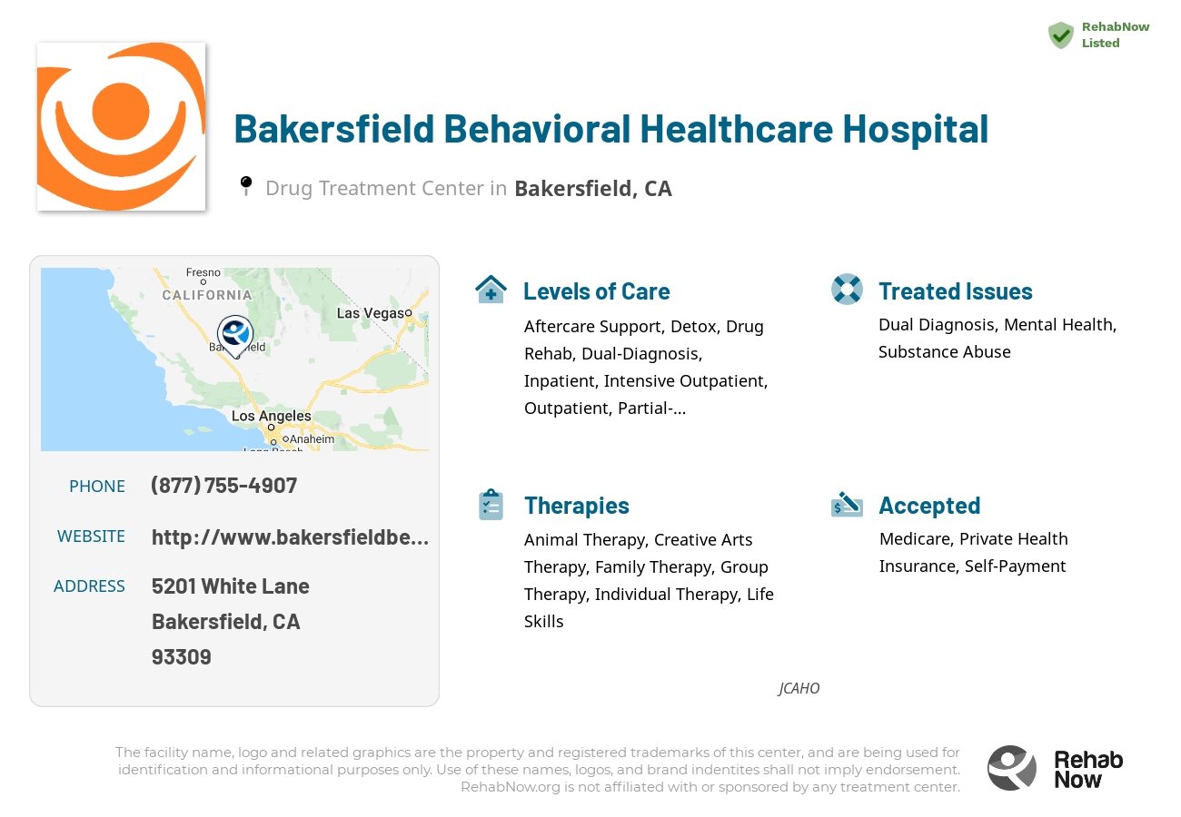 Helpful reference information for Bakersfield Behavioral Healthcare Hospital, a drug treatment center in California located at: 5201 White Lane, Bakersfield, CA, 93309, including phone numbers, official website, and more. Listed briefly is an overview of Levels of Care, Therapies Offered, Issues Treated, and accepted forms of Payment Methods.
