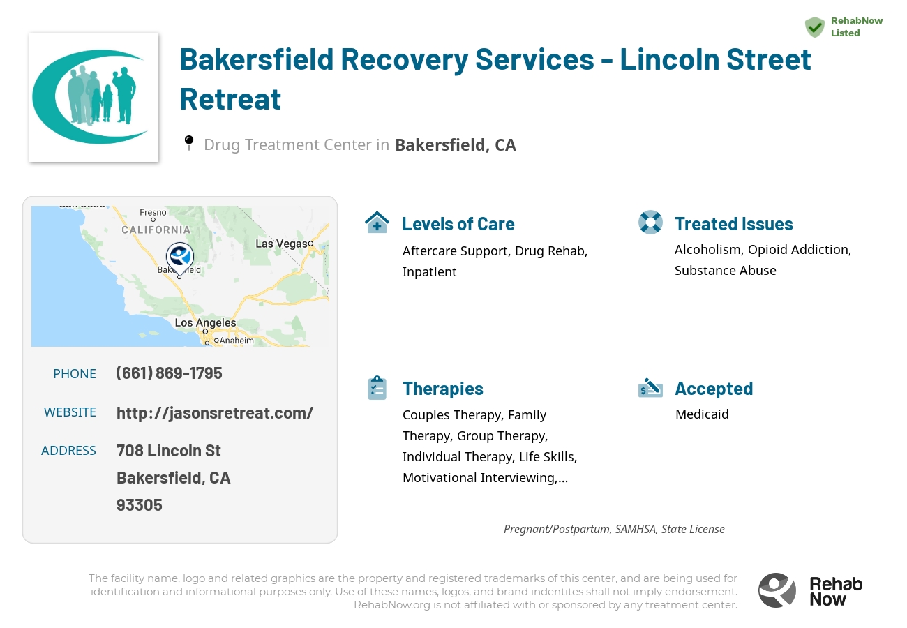 Helpful reference information for Bakersfield Recovery Services - Lincoln Street Retreat, a drug treatment center in California located at: 708 Lincoln St, Bakersfield, CA 93305, including phone numbers, official website, and more. Listed briefly is an overview of Levels of Care, Therapies Offered, Issues Treated, and accepted forms of Payment Methods.