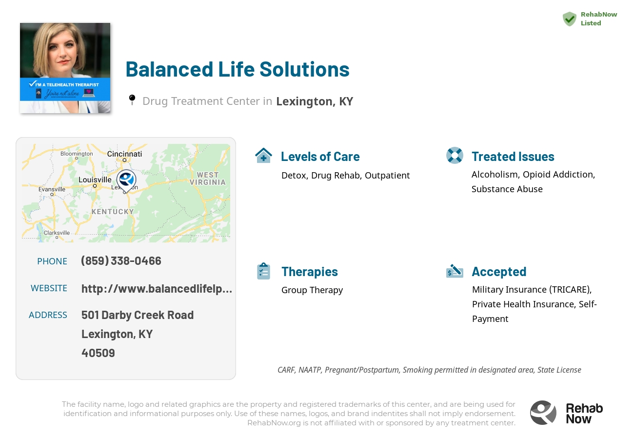 Helpful reference information for Balanced Life Solutions, a drug treatment center in Kentucky located at: 501 Darby Creek Road, Lexington, KY, 40509, including phone numbers, official website, and more. Listed briefly is an overview of Levels of Care, Therapies Offered, Issues Treated, and accepted forms of Payment Methods.