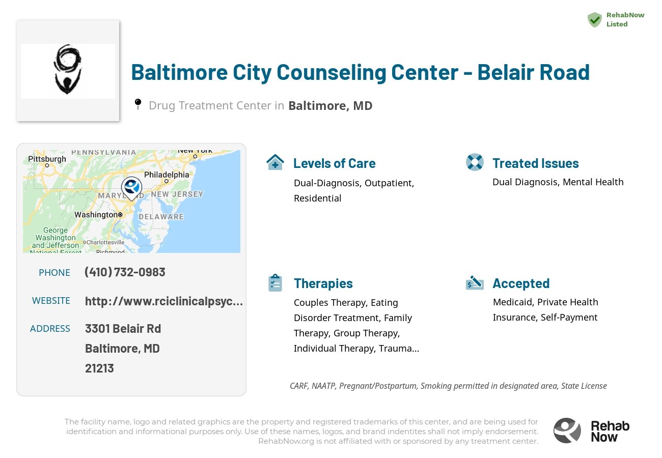 Helpful reference information for Baltimore City Counseling Center - Belair Road, a drug treatment center in Maryland located at: 3301 Belair Rd, Baltimore, MD 21213, including phone numbers, official website, and more. Listed briefly is an overview of Levels of Care, Therapies Offered, Issues Treated, and accepted forms of Payment Methods.