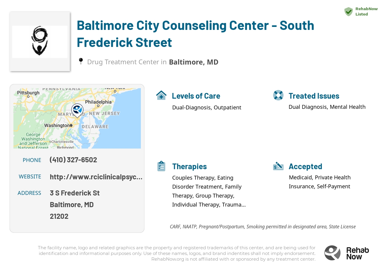 Helpful reference information for Baltimore City Counseling Center - South Frederick Street, a drug treatment center in Maryland located at: 3 S Frederick St, Baltimore, MD 21202, including phone numbers, official website, and more. Listed briefly is an overview of Levels of Care, Therapies Offered, Issues Treated, and accepted forms of Payment Methods.
