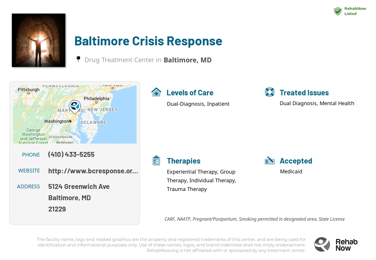 Helpful reference information for Baltimore Crisis Response, a drug treatment center in Maryland located at: 5124 Greenwich Ave, Baltimore, MD 21229, including phone numbers, official website, and more. Listed briefly is an overview of Levels of Care, Therapies Offered, Issues Treated, and accepted forms of Payment Methods.