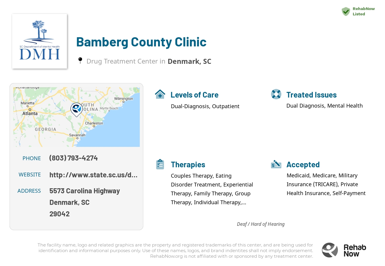 Helpful reference information for Bamberg County Clinic, a drug treatment center in South Carolina located at: 5573 Carolina Highway, Denmark, SC 29042, including phone numbers, official website, and more. Listed briefly is an overview of Levels of Care, Therapies Offered, Issues Treated, and accepted forms of Payment Methods.