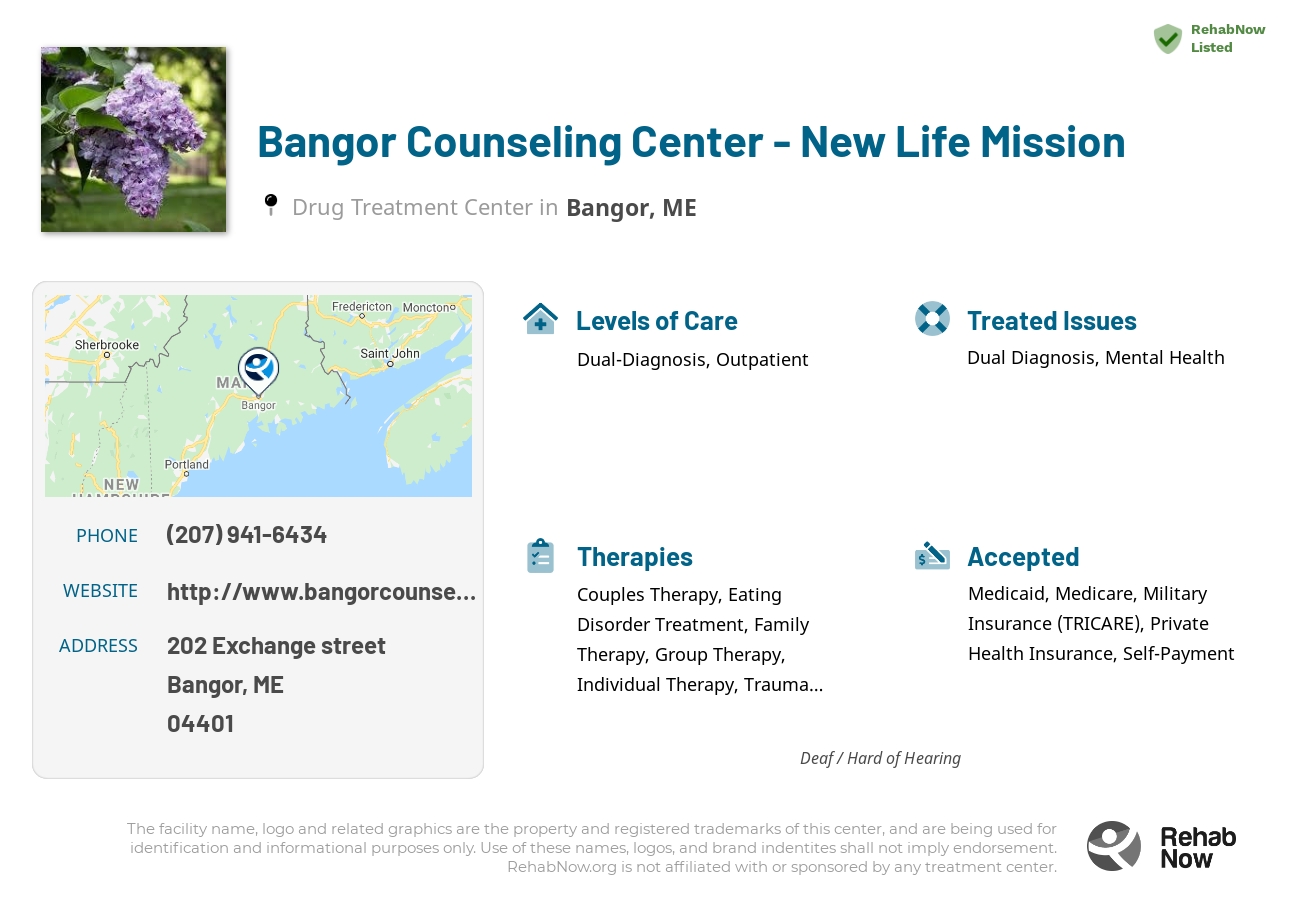 Helpful reference information for Bangor Counseling Center - New Life Mission, a drug treatment center in Maine located at: 202 Exchange street, Bangor, ME, 04401, including phone numbers, official website, and more. Listed briefly is an overview of Levels of Care, Therapies Offered, Issues Treated, and accepted forms of Payment Methods.