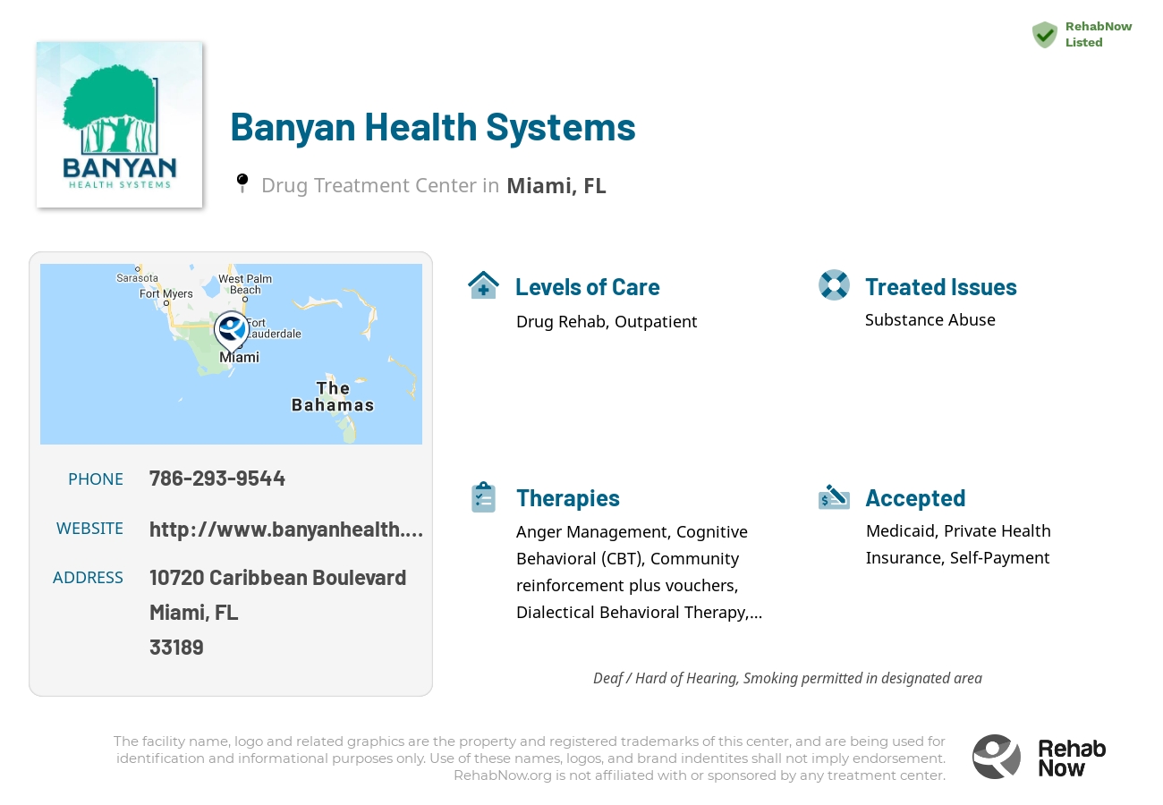 Helpful reference information for Banyan Health Systems, a drug treatment center in Florida located at: 10720 Caribbean Boulevard, Miami, FL 33189, including phone numbers, official website, and more. Listed briefly is an overview of Levels of Care, Therapies Offered, Issues Treated, and accepted forms of Payment Methods.
