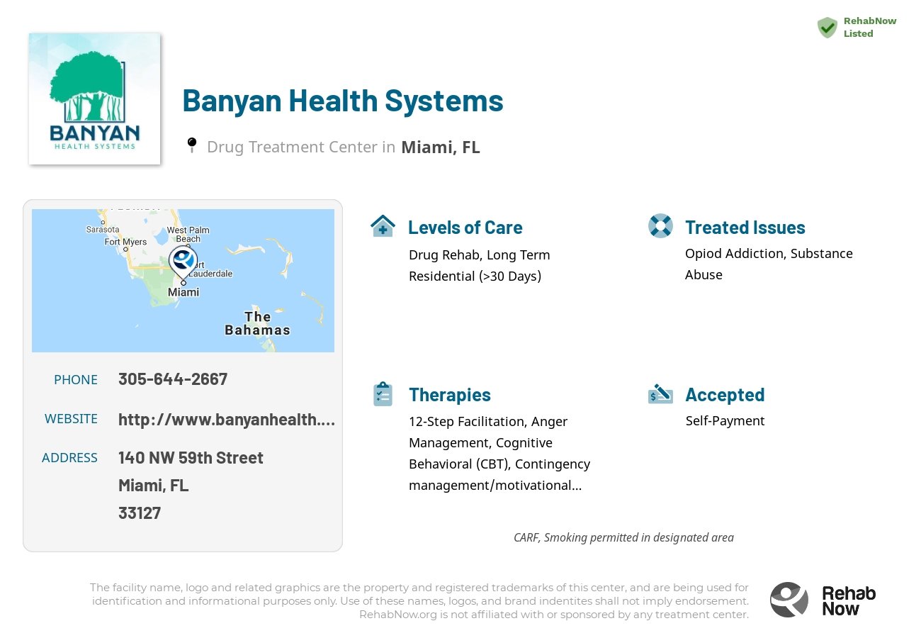Helpful reference information for Banyan Health Systems, a drug treatment center in Florida located at: 140 NW 59th Street, Miami, FL 33127, including phone numbers, official website, and more. Listed briefly is an overview of Levels of Care, Therapies Offered, Issues Treated, and accepted forms of Payment Methods.