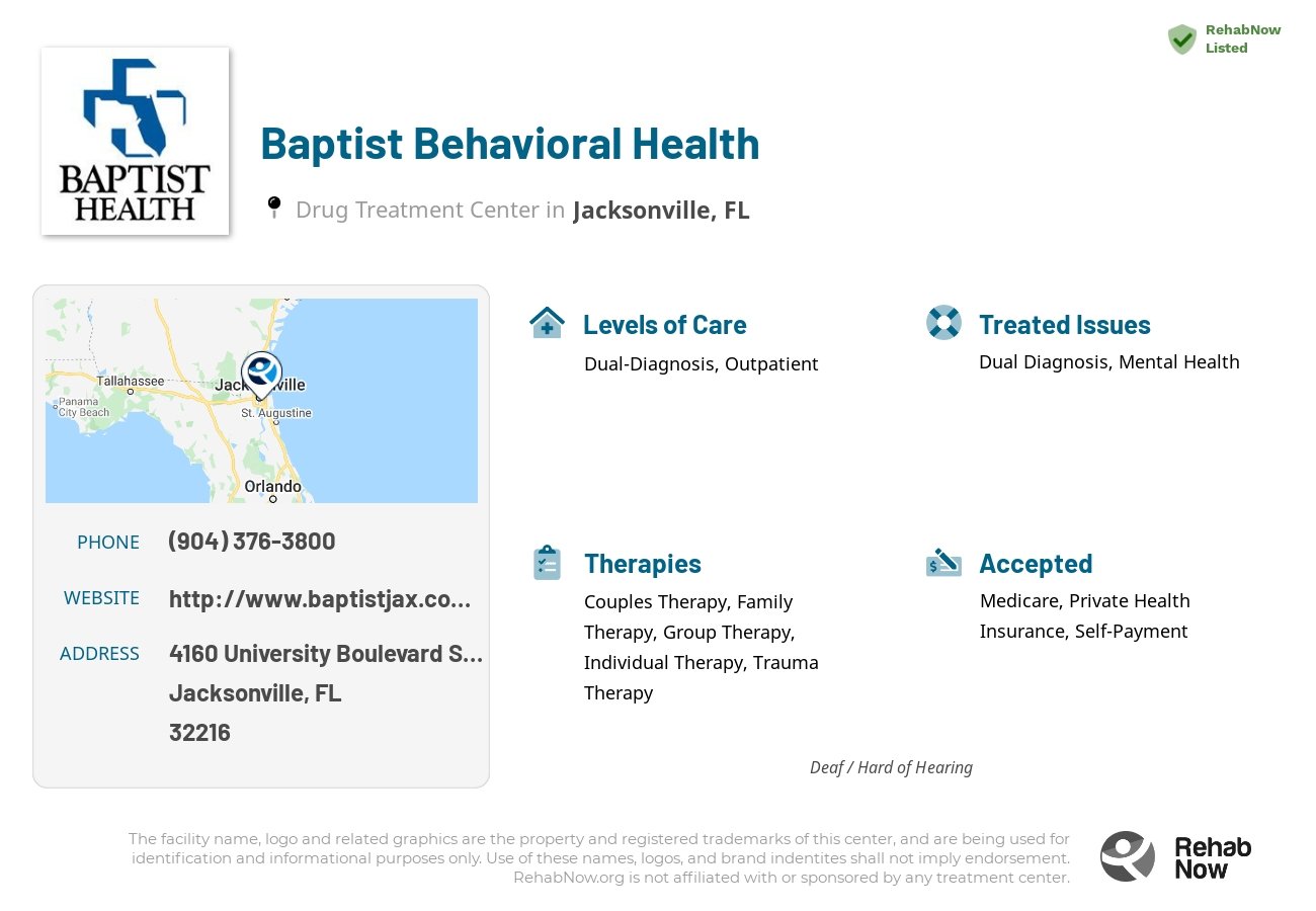 Helpful reference information for Baptist Behavioral Health, a drug treatment center in Florida located at: 4160 University Boulevard South, Jacksonville, FL, 32216, including phone numbers, official website, and more. Listed briefly is an overview of Levels of Care, Therapies Offered, Issues Treated, and accepted forms of Payment Methods.
