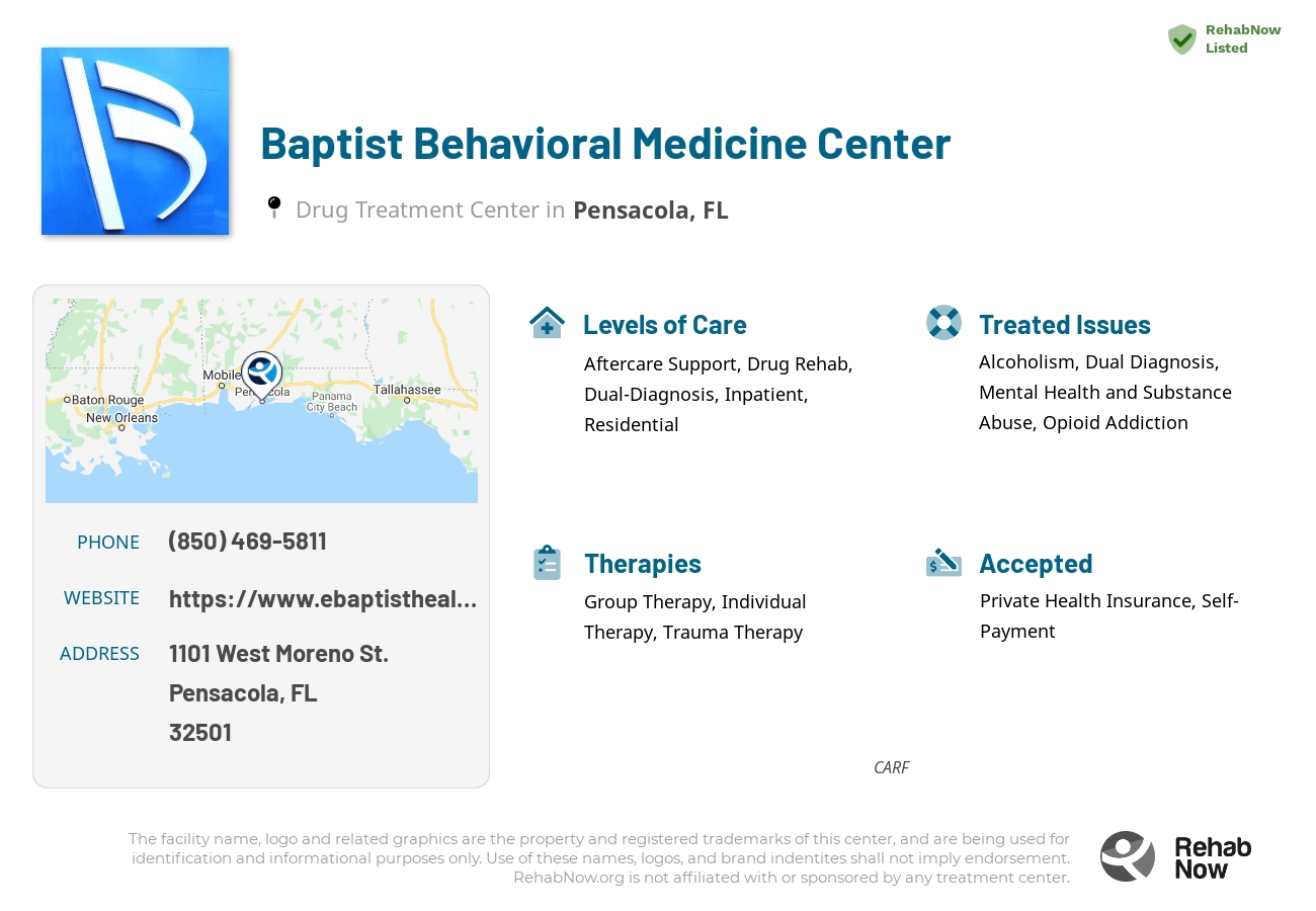 Helpful reference information for Baptist Behavioral Medicine Center, a drug treatment center in Florida located at: 1101 West Moreno St., Pensacola, FL, 32501, including phone numbers, official website, and more. Listed briefly is an overview of Levels of Care, Therapies Offered, Issues Treated, and accepted forms of Payment Methods.