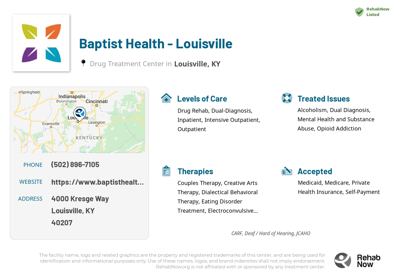 Helpful reference information for Baptist Health - Louisville, a drug treatment center in Kentucky located at: 4000 Kresge Way, Louisville, KY, 40207, including phone numbers, official website, and more. Listed briefly is an overview of Levels of Care, Therapies Offered, Issues Treated, and accepted forms of Payment Methods.