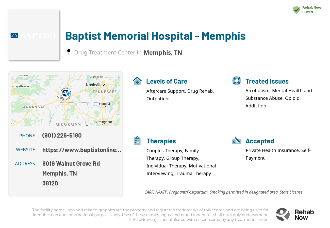 Helpful reference information for Baptist Memorial Hospital - Memphis, a drug treatment center in Tennessee located at: 6019 Walnut Grove Rd, Memphis, TN 38120, including phone numbers, official website, and more. Listed briefly is an overview of Levels of Care, Therapies Offered, Issues Treated, and accepted forms of Payment Methods.