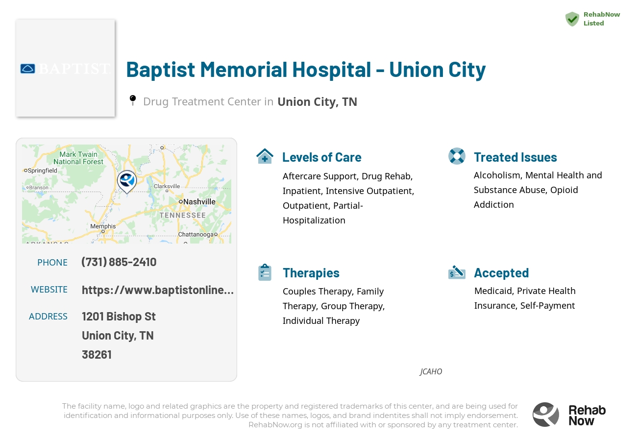 Helpful reference information for Baptist Memorial Hospital - Union City, a drug treatment center in Tennessee located at: 1201 Bishop St, Union City, TN 38261, including phone numbers, official website, and more. Listed briefly is an overview of Levels of Care, Therapies Offered, Issues Treated, and accepted forms of Payment Methods.