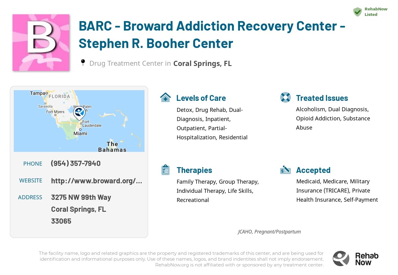 Helpful reference information for BARC - Broward Addiction Recovery Center - Stephen R. Booher Center, a drug treatment center in Florida located at: 3275 NW 99th Way, Coral Springs, FL, 33065, including phone numbers, official website, and more. Listed briefly is an overview of Levels of Care, Therapies Offered, Issues Treated, and accepted forms of Payment Methods.