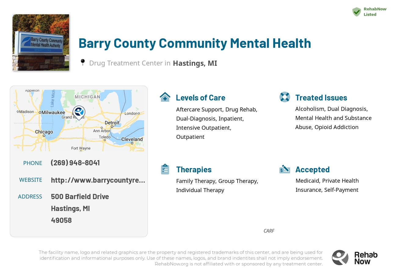 Helpful reference information for Barry County Community Mental Health, a drug treatment center in Michigan located at: 500 Barfield Drive, Hastings, MI, 49058, including phone numbers, official website, and more. Listed briefly is an overview of Levels of Care, Therapies Offered, Issues Treated, and accepted forms of Payment Methods.