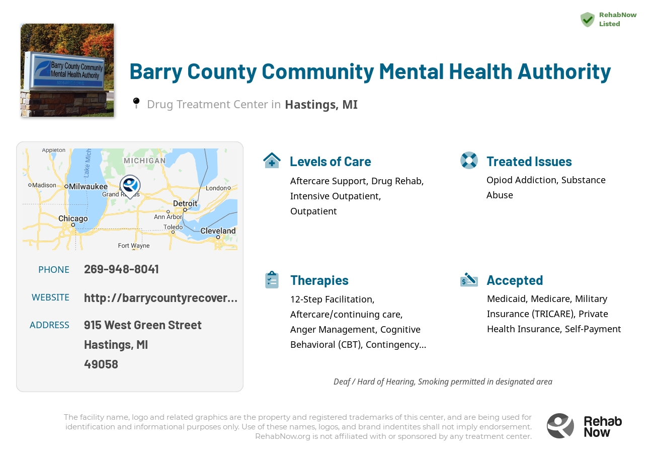 Helpful reference information for Barry County Community Mental Health Authority, a drug treatment center in Michigan located at: 915 West Green Street, Hastings, MI 49058, including phone numbers, official website, and more. Listed briefly is an overview of Levels of Care, Therapies Offered, Issues Treated, and accepted forms of Payment Methods.