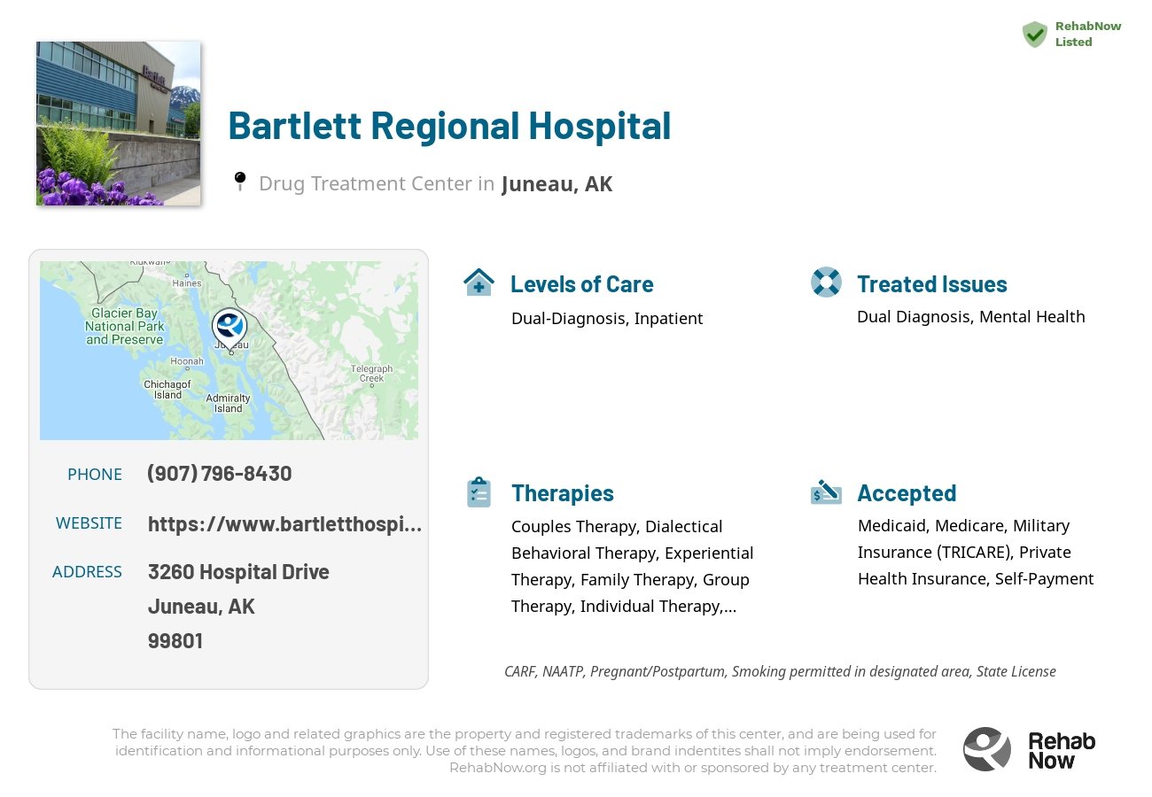 Helpful reference information for Bartlett Regional Hospital, a drug treatment center in Alaska located at: 3260 Hospital Drive, Juneau, AK, 99801, including phone numbers, official website, and more. Listed briefly is an overview of Levels of Care, Therapies Offered, Issues Treated, and accepted forms of Payment Methods.