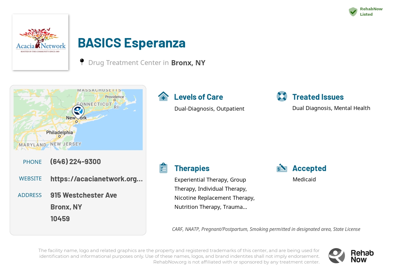 Helpful reference information for BASICS Esperanza, a drug treatment center in New York located at: 915 Westchester Ave, Bronx, NY 10459, including phone numbers, official website, and more. Listed briefly is an overview of Levels of Care, Therapies Offered, Issues Treated, and accepted forms of Payment Methods.