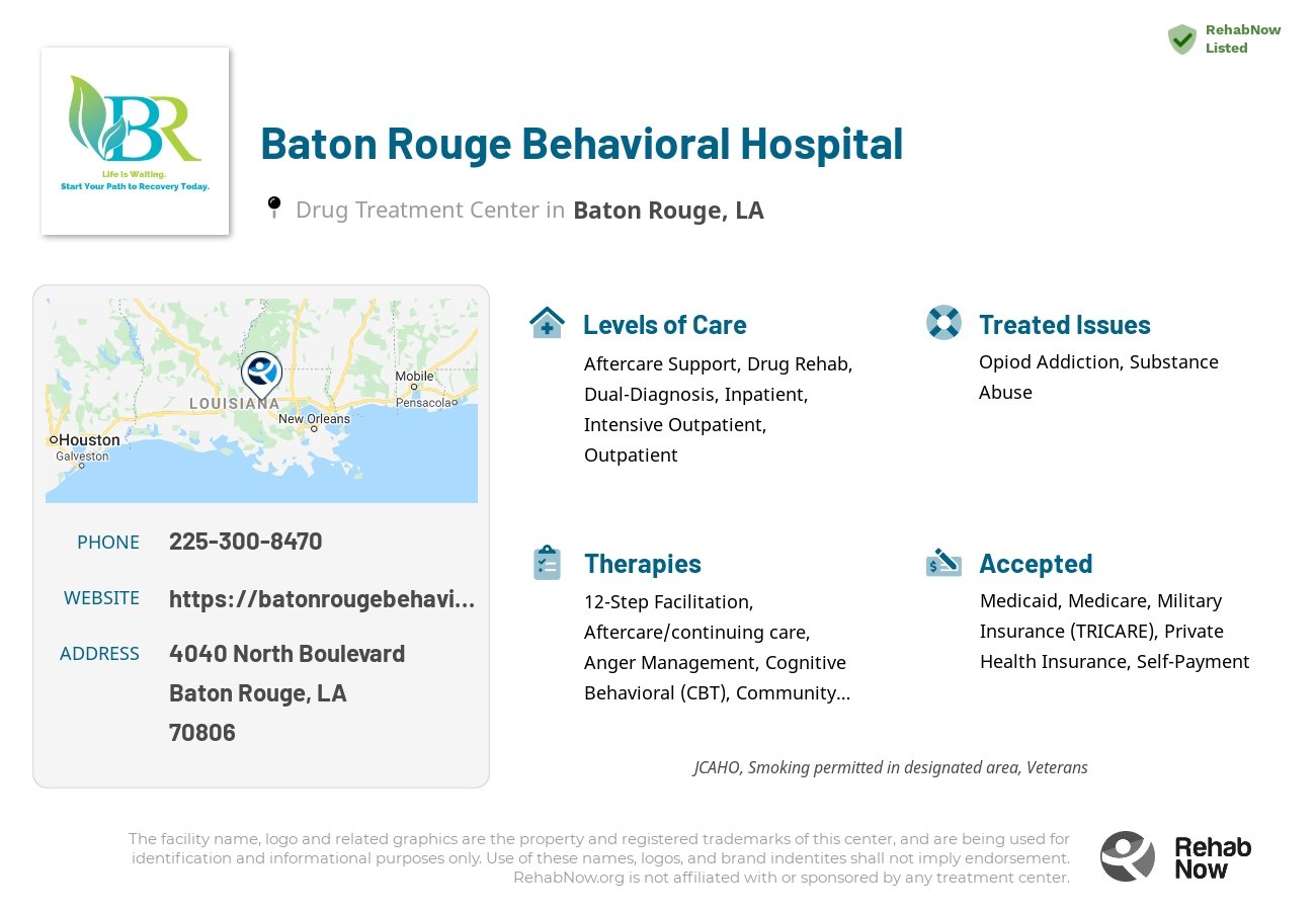 Helpful reference information for Baton Rouge Behavioral Hospital, a drug treatment center in Louisiana located at: 4040 North Boulevard, Baton Rouge, LA 70806, including phone numbers, official website, and more. Listed briefly is an overview of Levels of Care, Therapies Offered, Issues Treated, and accepted forms of Payment Methods.