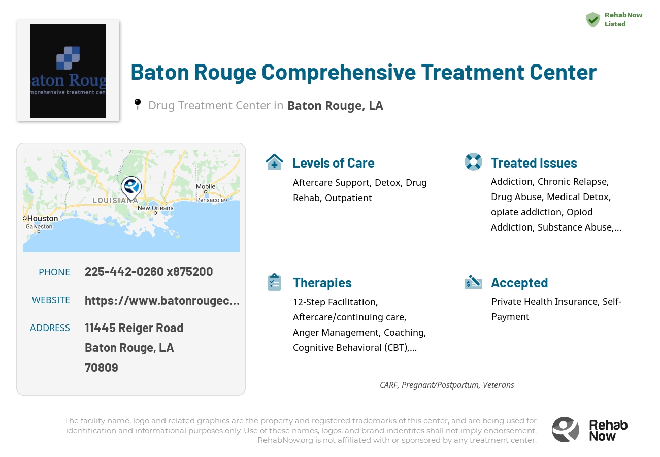 Helpful reference information for Baton Rouge Comprehensive Treatment Center, a drug treatment center in Louisiana located at: 11445 Reiger Road, Baton Rouge, LA 70809, including phone numbers, official website, and more. Listed briefly is an overview of Levels of Care, Therapies Offered, Issues Treated, and accepted forms of Payment Methods.