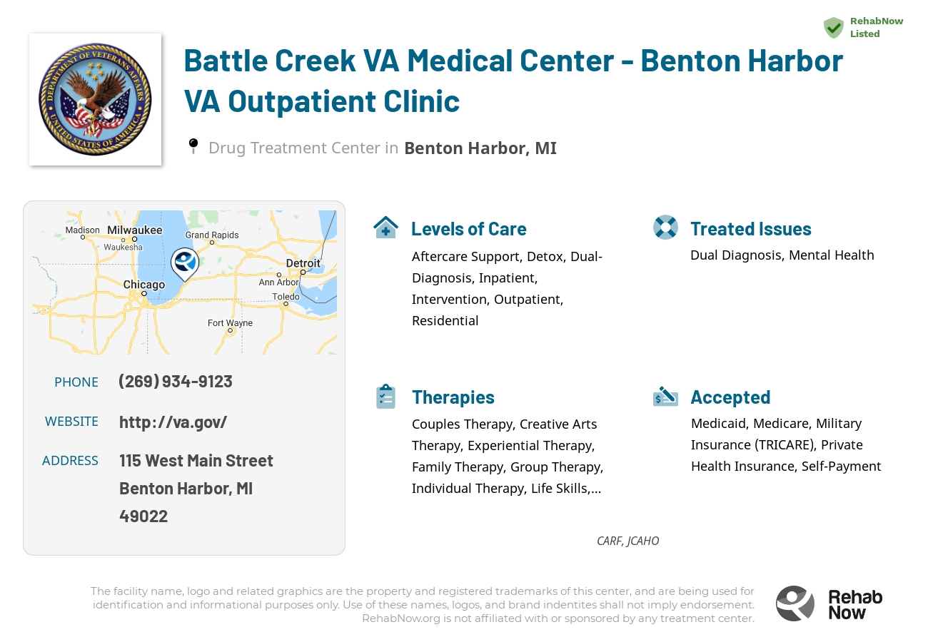 Helpful reference information for Battle Creek VA Medical Center - Benton Harbor VA Outpatient Clinic, a drug treatment center in Michigan located at: 115 West Main Street, Benton Harbor, MI, 49022, including phone numbers, official website, and more. Listed briefly is an overview of Levels of Care, Therapies Offered, Issues Treated, and accepted forms of Payment Methods.